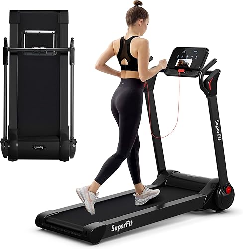 Goplus Caminadora plegable de 2.25 HP, caminadora eléctrica Superfit con pantalla LED, control de aplicación, altavoz de dientes azules y soporte