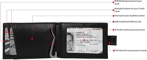 Miniatura 7 de Pitaara Cartera plegable de cuero genuino delgada hecha a mano con bolsillo frontal minimalista con bloqueo RFID y clip para dinero para hombres