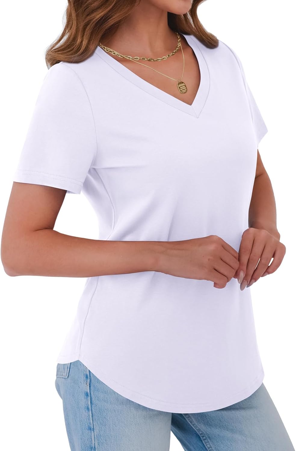 Womens T Shirts V Neck Short Sleeve Cotton Tops Summer Curved Hem Trendy Basic Tee Shirt S-XXL - Image 3