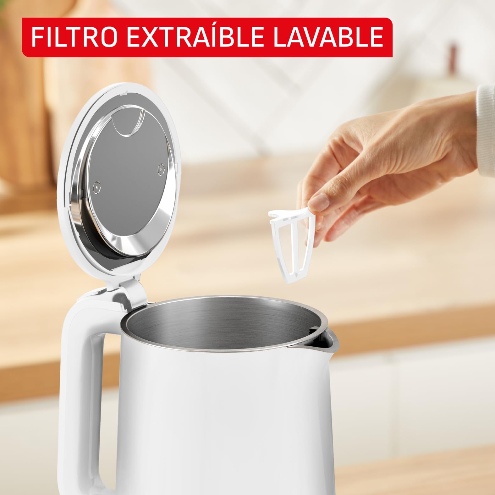 Tefal Thermo Protect Kettle, Hervidor eléctrico de 1500 W, Capacidad de 1,5L, Seguro al tacto, Apagado automático, Filtro extraíble y lavable, Color Blanco, KO1411E0