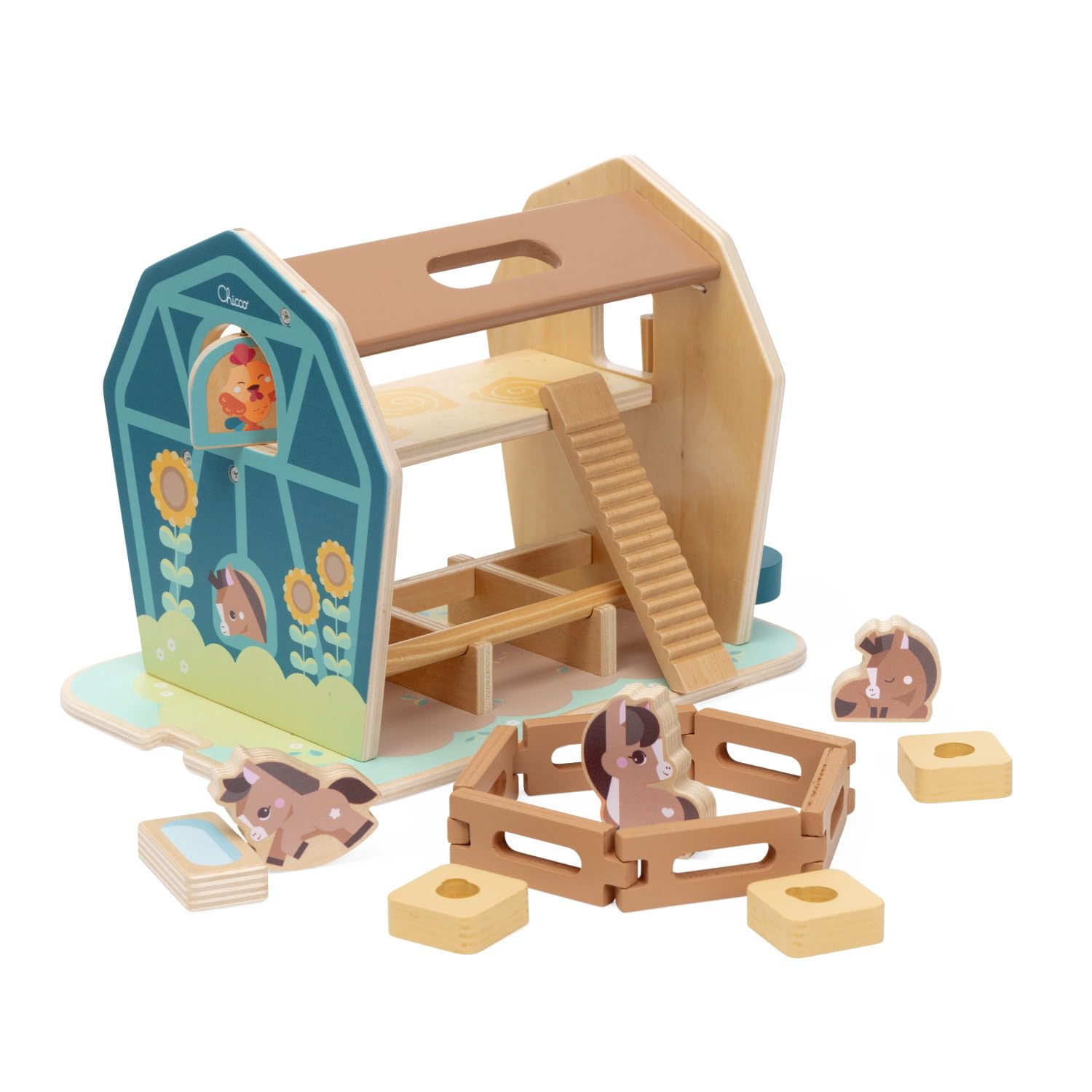 Chicco La Grande Fattoria dei Pony Playset, Gioco educativo in Legno con 3 Personaggi e Accessori | Gioco di Ruolo con Carrucola, Scala e Recinzione, Ispirato al metodo Montessori, 2 Anni +