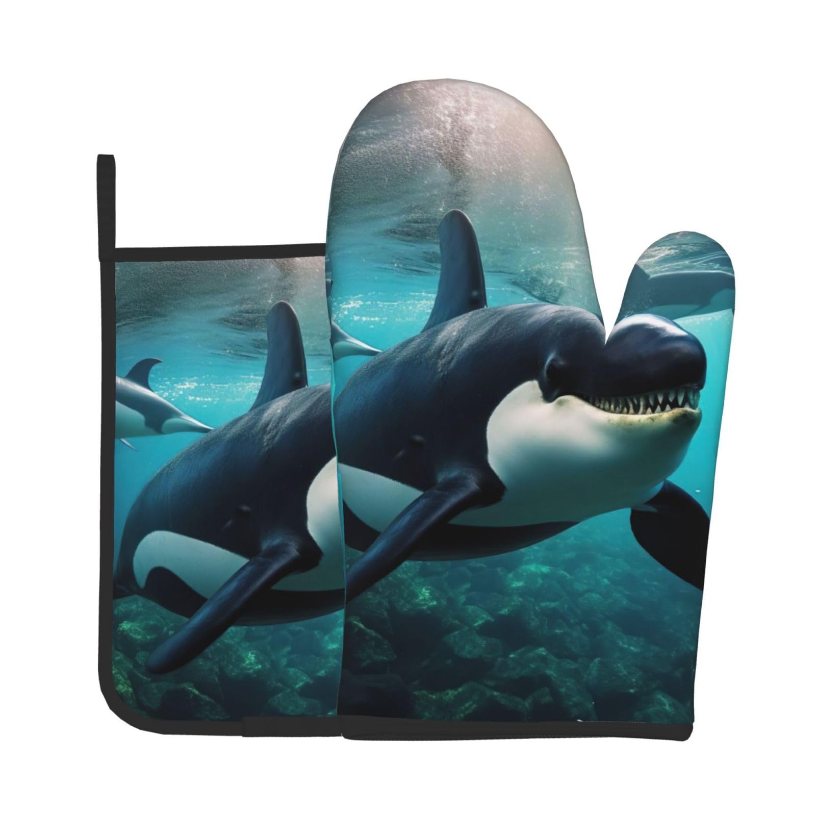 Killer Whales Swim Along Kitchen Baking Two-Piece Set,Multipurpose Oven Gloves,Used for Barbecue Kitchen Baking