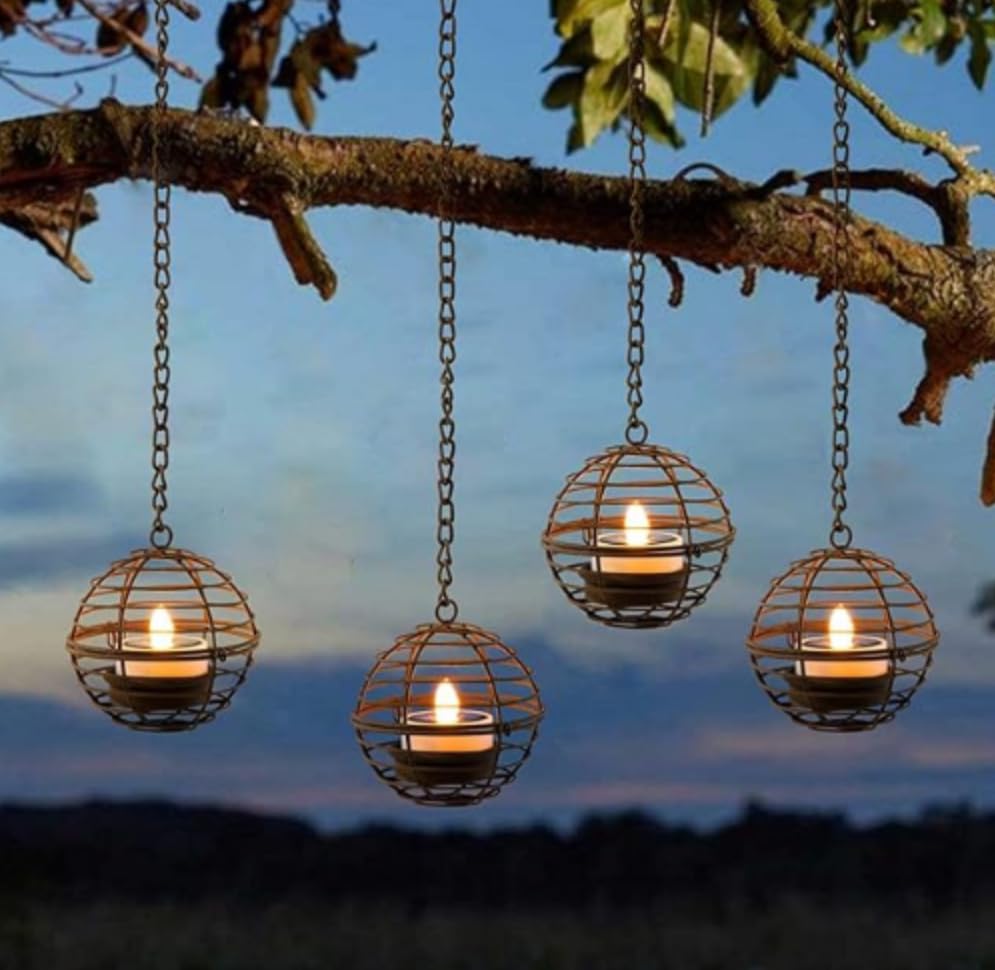 Hanging Tea Light Lanterns Outdoor, Rust Iron Ball Candle Holder with Flickering Tea Lights,Waterproof Chandelier for Tree, Pergola, Patio Decor