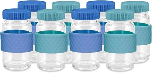 Recipientes para chupitos de jugo, vidrio, transparentes, 2 onzas, tapas de colores y bandas de agarre de silicona, almacenamiento de bebidas,