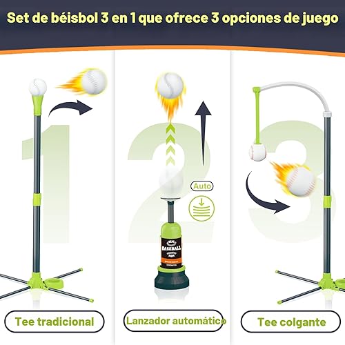 Miniatura 3 de Juego de pelota en T 3 en 1 para niños, juego de camiseta de bateo de béisbol colgante de altura ajustable con 2 murciélagos, soporte de golpe de