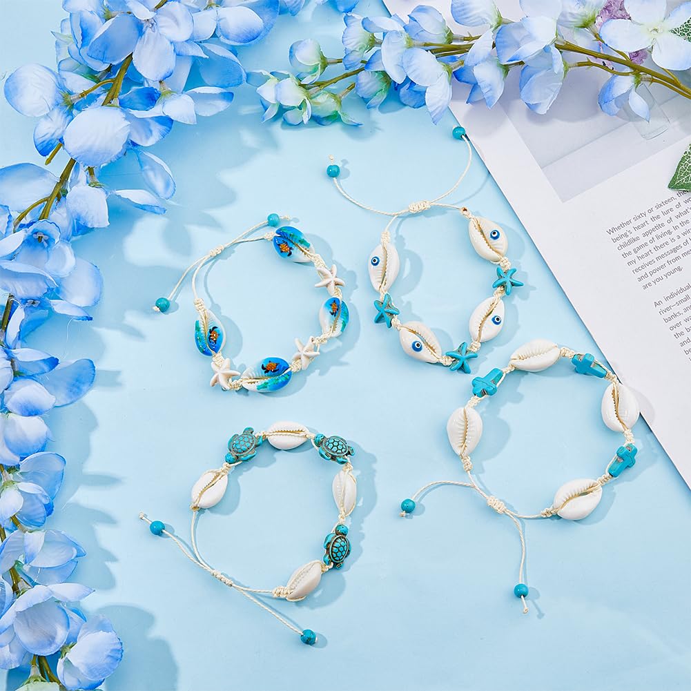 SUPERFINDINGS 4 estilos de pulseras de concha natural, 4 unidades, pulseras de conchas marinas tejidas a mano, pulseras ajustables de estrella de mar, pulseras de tobillo de mal de ojo, pulseras de