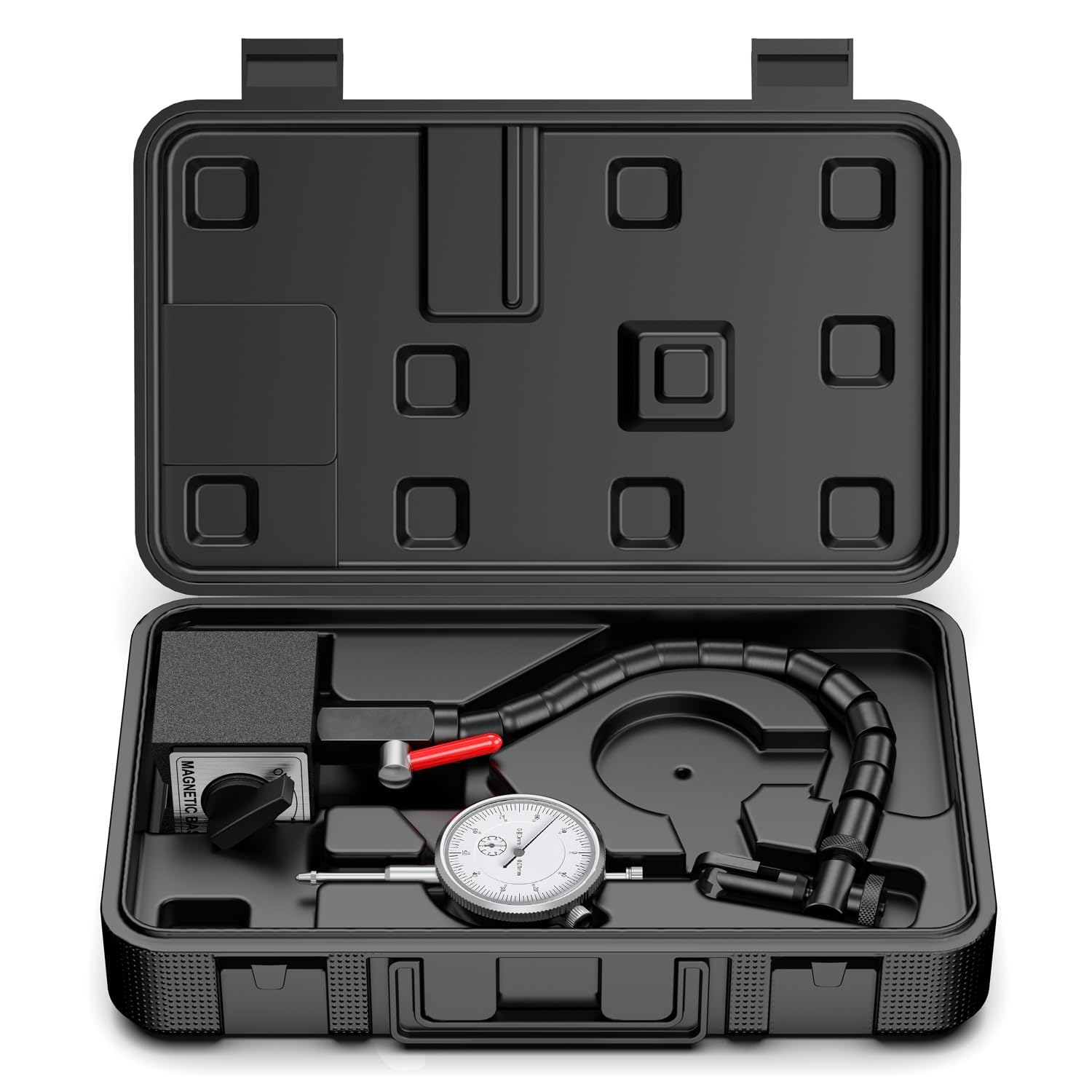Präzisions-Messuhr mit Magnetstativ, Mechanisch Messuhr 0-10mm Messbereich, 0,01mm Genauigkeit, Stahlbasis mit Zentralklemmung (80kg Haltekraft) – Ideal für Werkstatt & Industrie