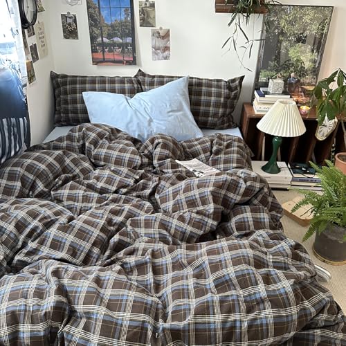 Image of mixinni Vintage Brown & Blue Buffalo Plaid Duvet Cover Set Twin XL Size - 3 Piece Washed Cotton Bedding Set with Grid Pattern, Soft & Breathable Duvet Cover with Pillowcases for Boys, Men& Women