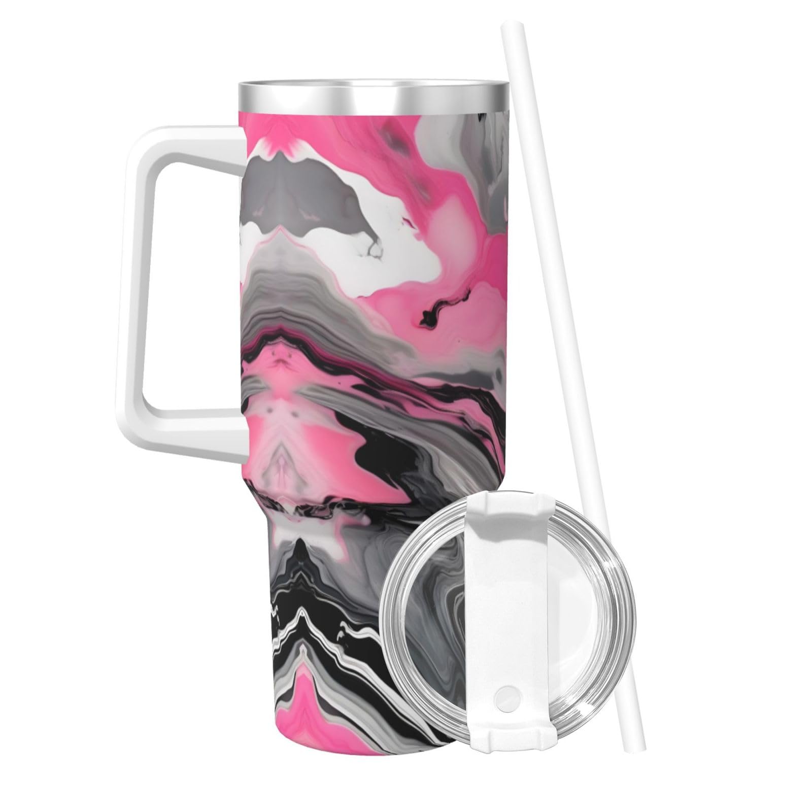 Wasserflasche aus Edelstahl, doppelwandig, isoliert, mit Griff und Strohhalm-Deckel, 1,2 l, Rosa mit abstraktem Marmor-Grau