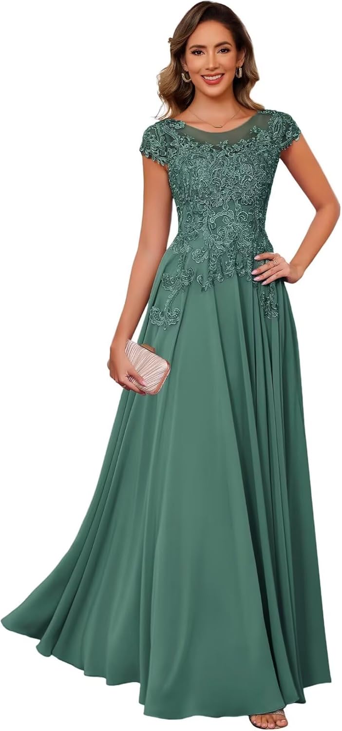 Women's Chiffon Mother of Bride Dress Lace Applique Short Sleeve Prom Dress A Line Long Formal Wedding Guest Dress