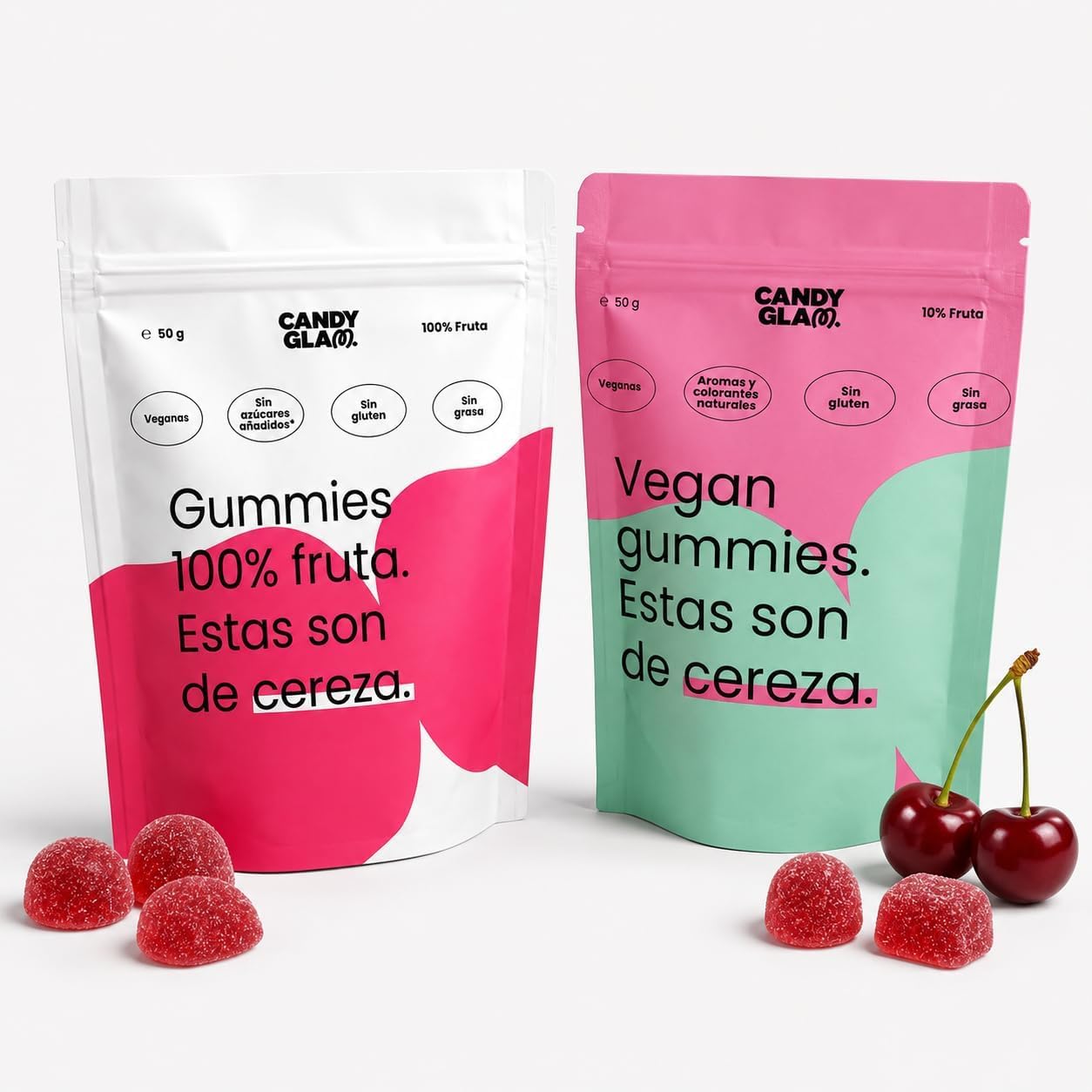 Candy Glam Pack Mixto de Gummies 14 Bolsas 7 Cereza + 7 Fresa Veganas Sin Gluten Sin Azúcares Añadidos Snacks de Fruta Sabores Surtidos