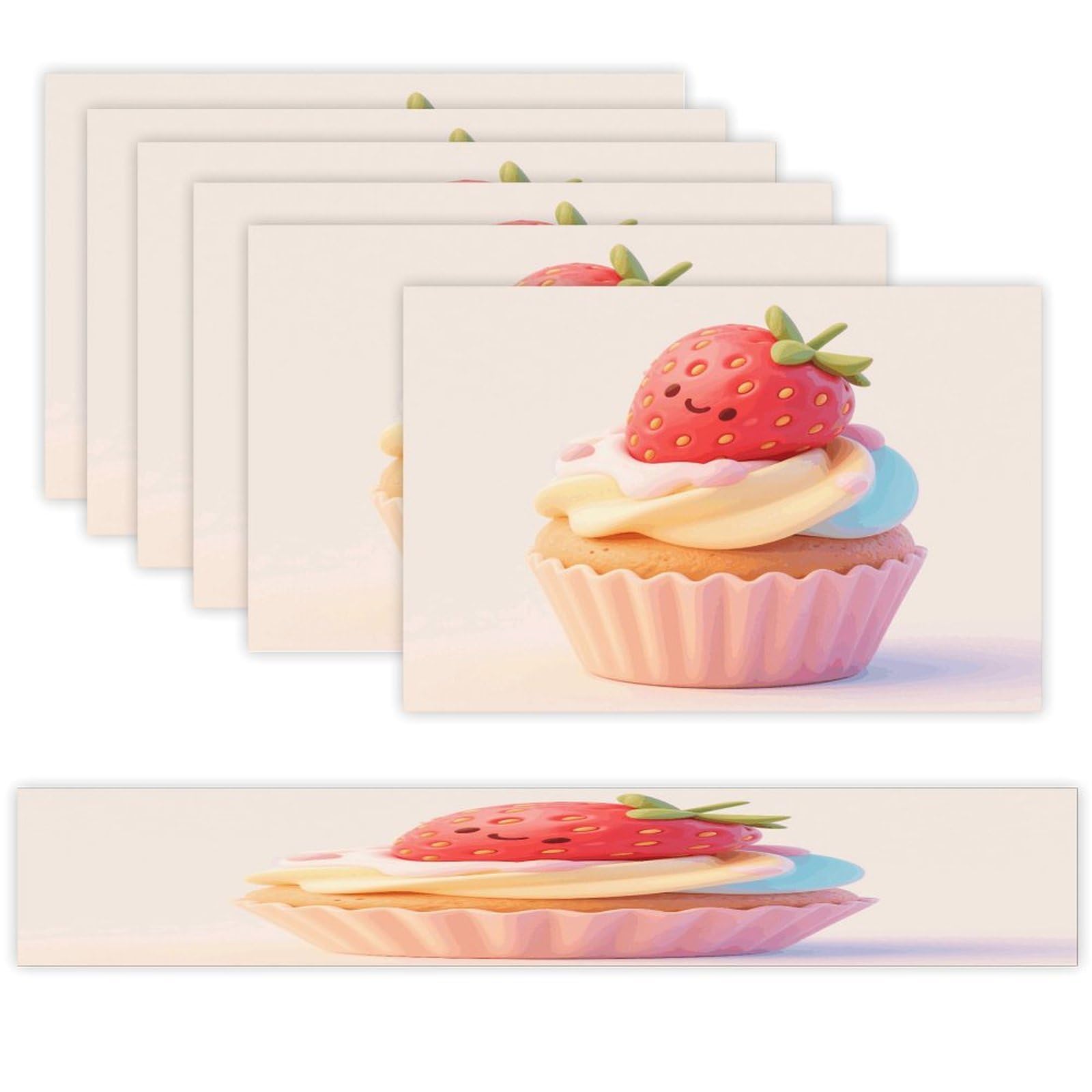 Cute Strawberry Cupcake Table Runner and Placemats Set of 7 Linen Table Mat Non-Slip Place Mats Washable Placemat Heat Resistant Place Mat with Table Runner for Party Dining Decor