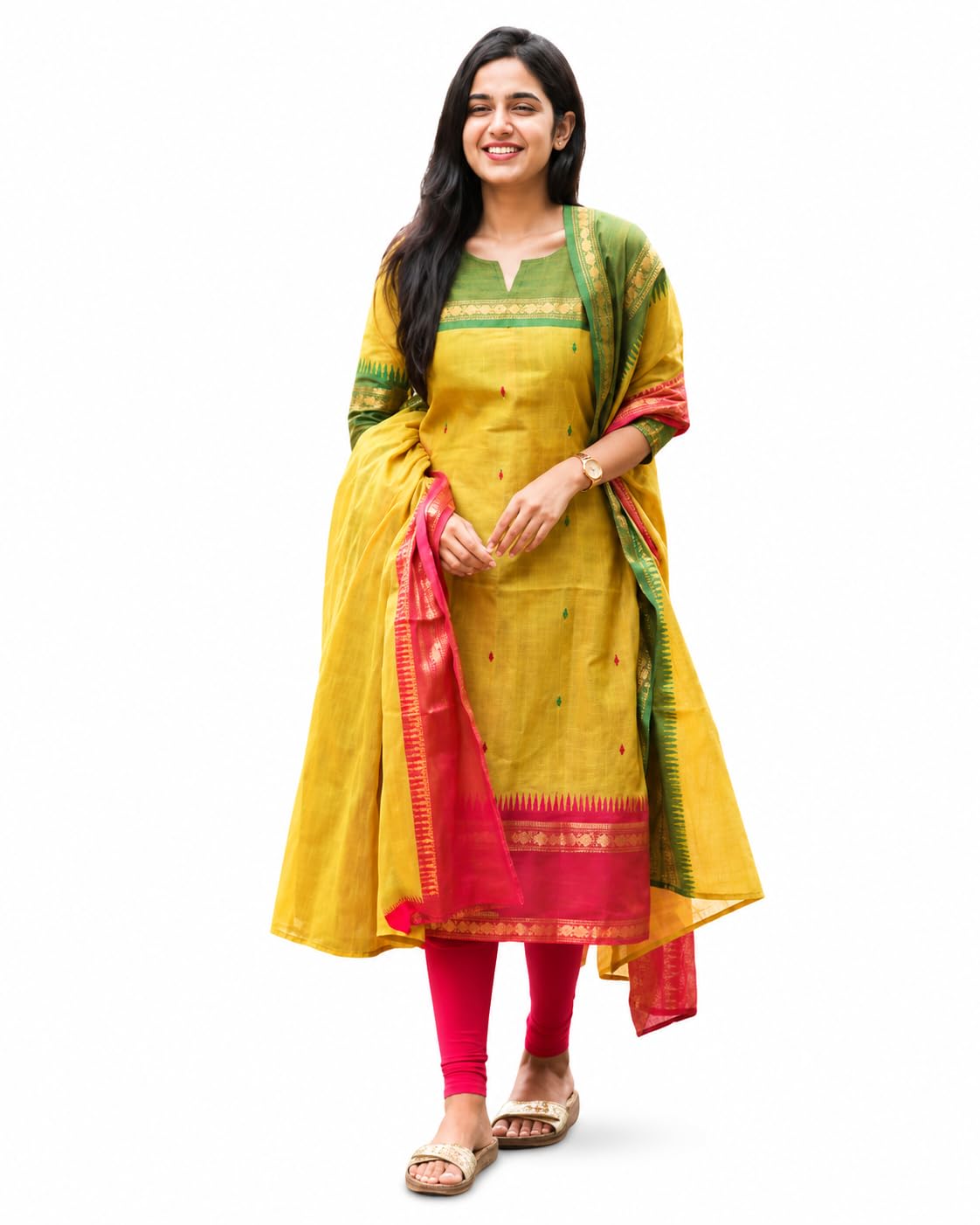 shijila Women's Kanjivaram Traditional Kanchi Cotton Kurta with Dupatta – South Indian Multicolor V-Neck Kurti Set-picture-13
