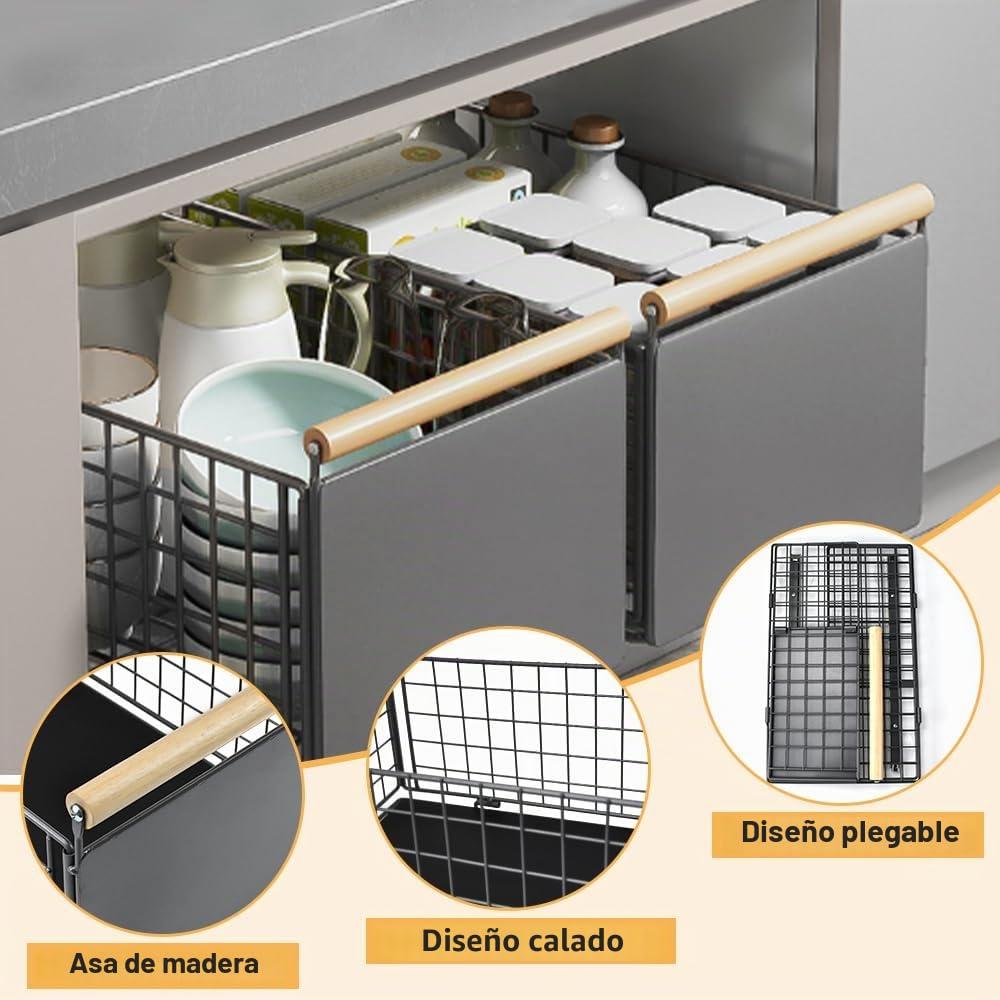 Organizador de gabinete extraíble, cajón de almacenamiento de cocina con asas de madera, cajón deslizante extensible resistente con nano película adhesiva sin taladro (39,5 x 23,5 x 19,5 cm,