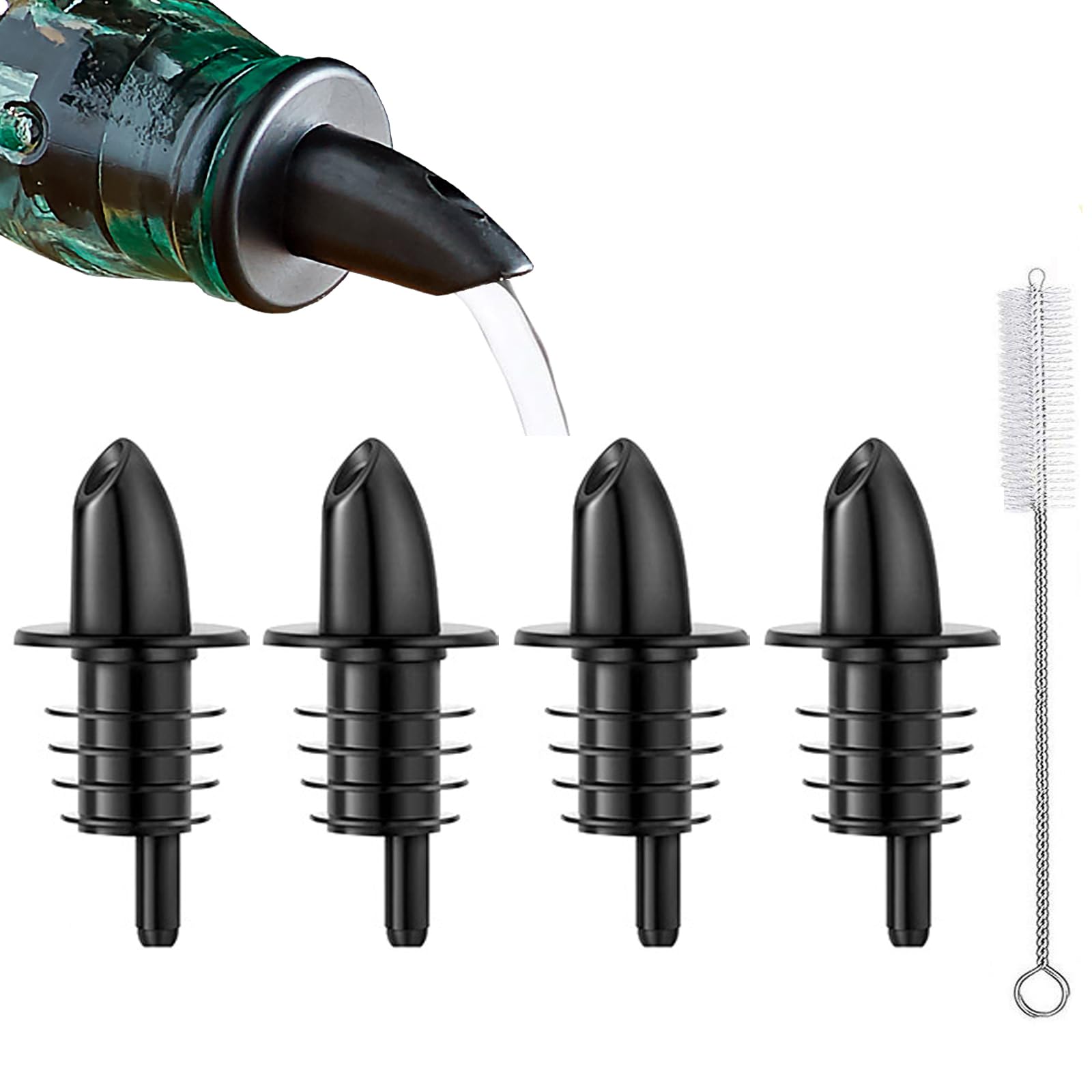 4 Pack Plastic Free Flow Pourers - Universal Bottle Spouts for Liquor, Olive Oil, Syrup, Vinegar & Mixed Drinks - Fits 0.66"-0.75" Bottle Necks