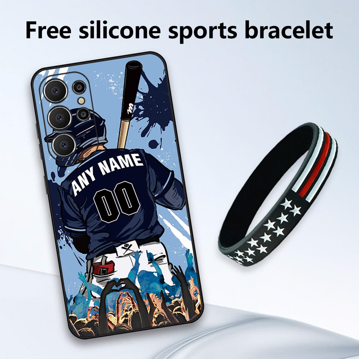 WESBDN Custom Name & Number Baseball Phone Case for Samsung Galaxy S25 S24 S23 S22 Ultra + Plus A06 A16 A56 5G, Free Sports Wristband Soft Silicone Shockproof Protective Cover(Tampa Bay)