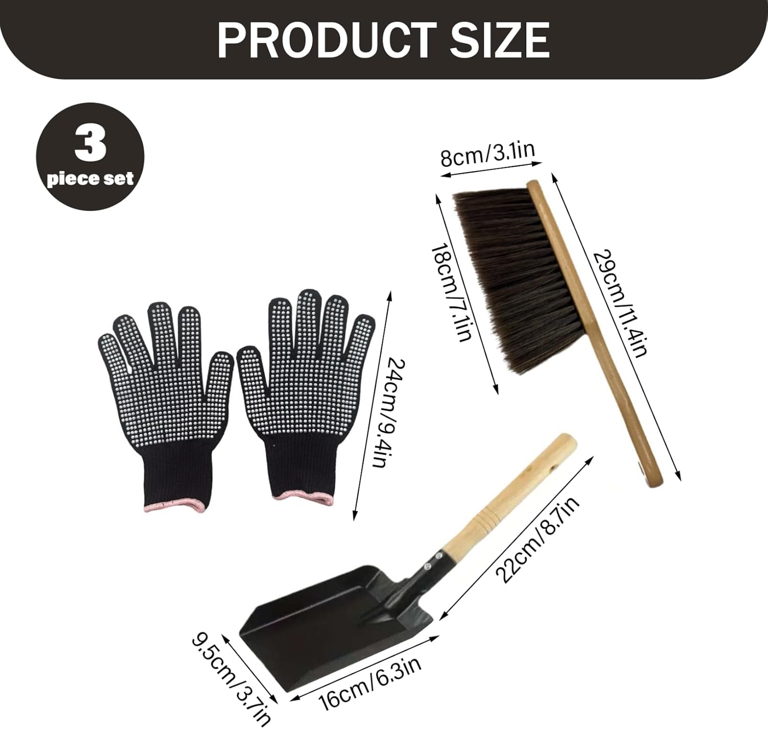 3PCS Fireplace Tool Set Shovel Broom Gloves Metal Ash Hearth Wood Stove