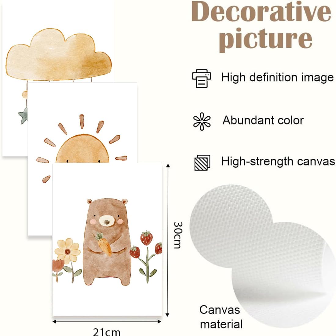 Set di 3 Quadri Tela 21x30cm, Poster Orsacchiotto Nuvole Sole per Cameretta dei Bambini, Stampe Senza Cornice Stile Boho per Decorazione Parete(Stile B)