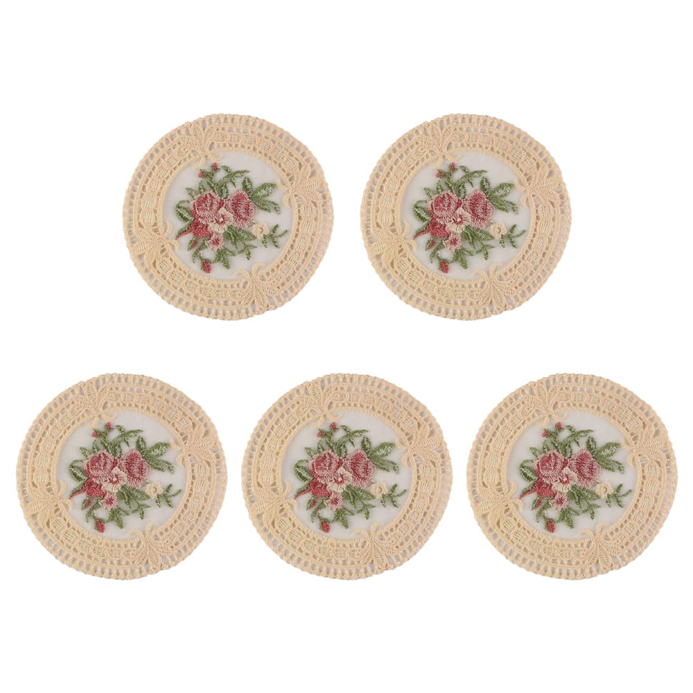 Muiltvoe 5 PCS 12cm White Embroidered Potholder Cup Coaster Dollies Tabletop Flower Coasters Drinks Floral Table Mat Embroidered Flower Coaster
