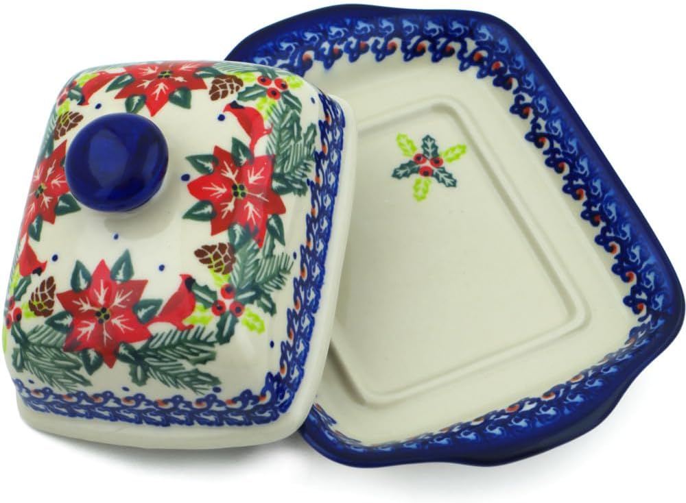 Polmedia Polish Pottery Butter Dish UNIKAT - Cardinal's Home Pattern Handmade in Boleslawiec Poland by Ceramika Bona + Certificate of Authenticity