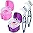 KISEER 2 Pack Denture Bath Case Cup Box Holder Storage Container with Denture Cleaner Brush Strainer Basket for Travel Cleaning (Pink and Purple)
