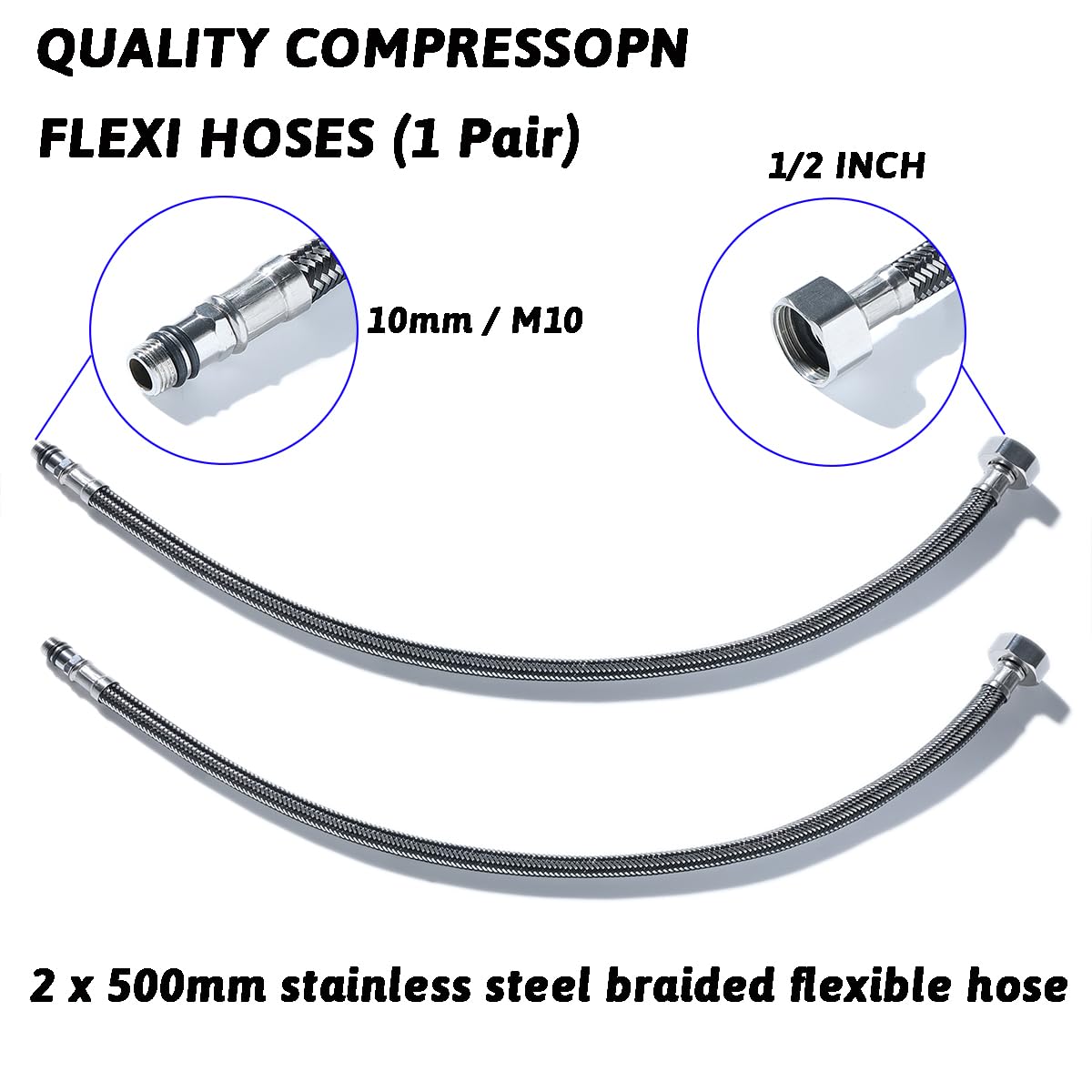 Flexible Hose Pipe Tails Kitchen Sink Bathroom Basin Monobloc Tab Mixer Connector Flexi Pipes Pair Of M10X 1/2 BSP Long Life Stainless Steel Braided Flexible Hoses (30CM - View #9