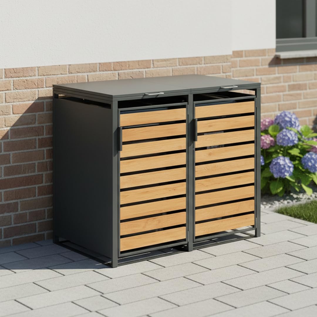 STEELSØN Kestra Mülltonnenbox 2er bis 120L – Mülltonnenverkleidung aus Stahl mit Sichtstreifen in Holzoptik – hochwertige Müllcontainer für 2 Tonnen – Müllbox in Anthrazit – Gerätebox wetterfest