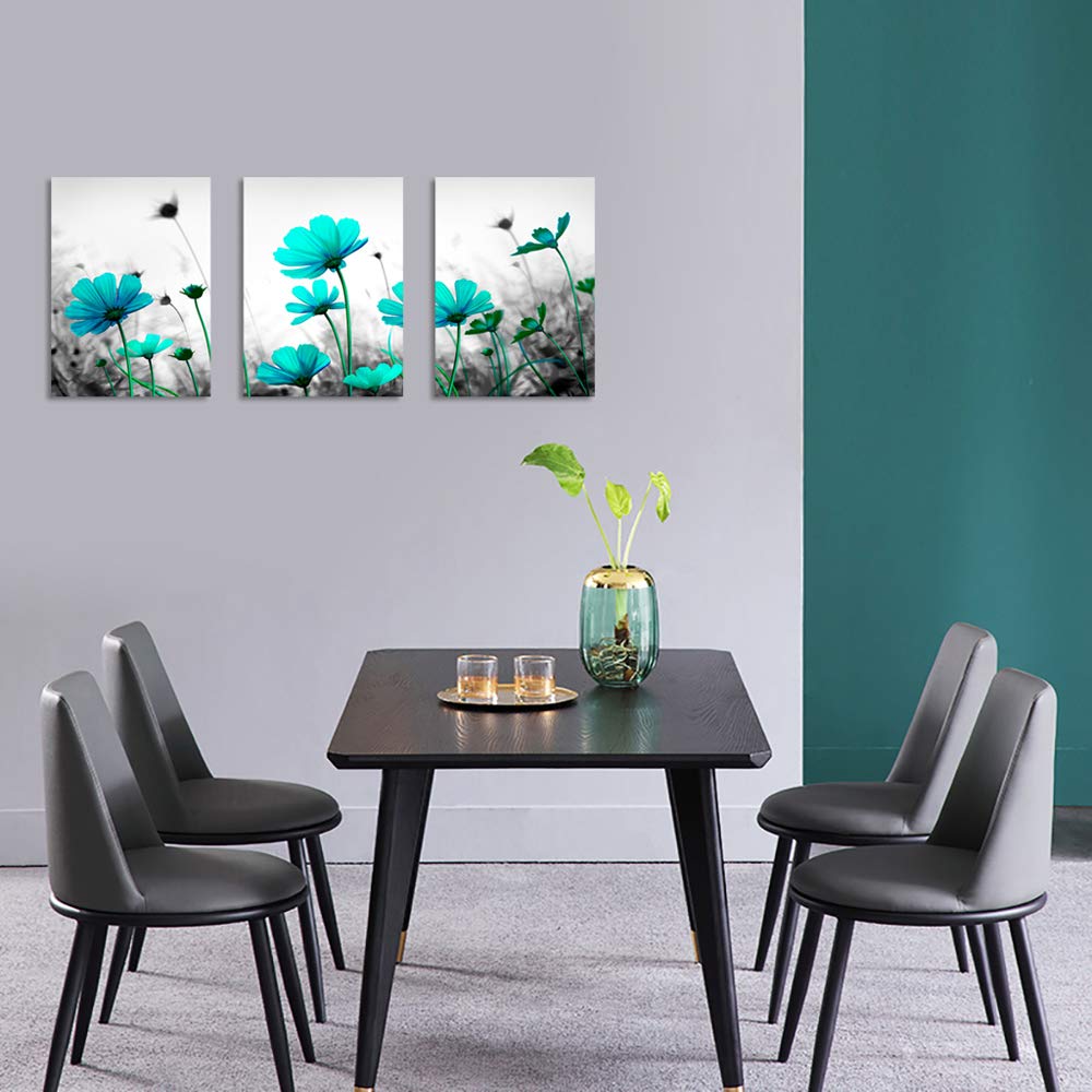 Flowers Canvas Art Wall Decor Black and White Framed Galsang Floral Prints and Posters Wall Hanging Decorations Ready to Hang for Bedroom Bathroom (Blue, 12"x16"x3Panles)