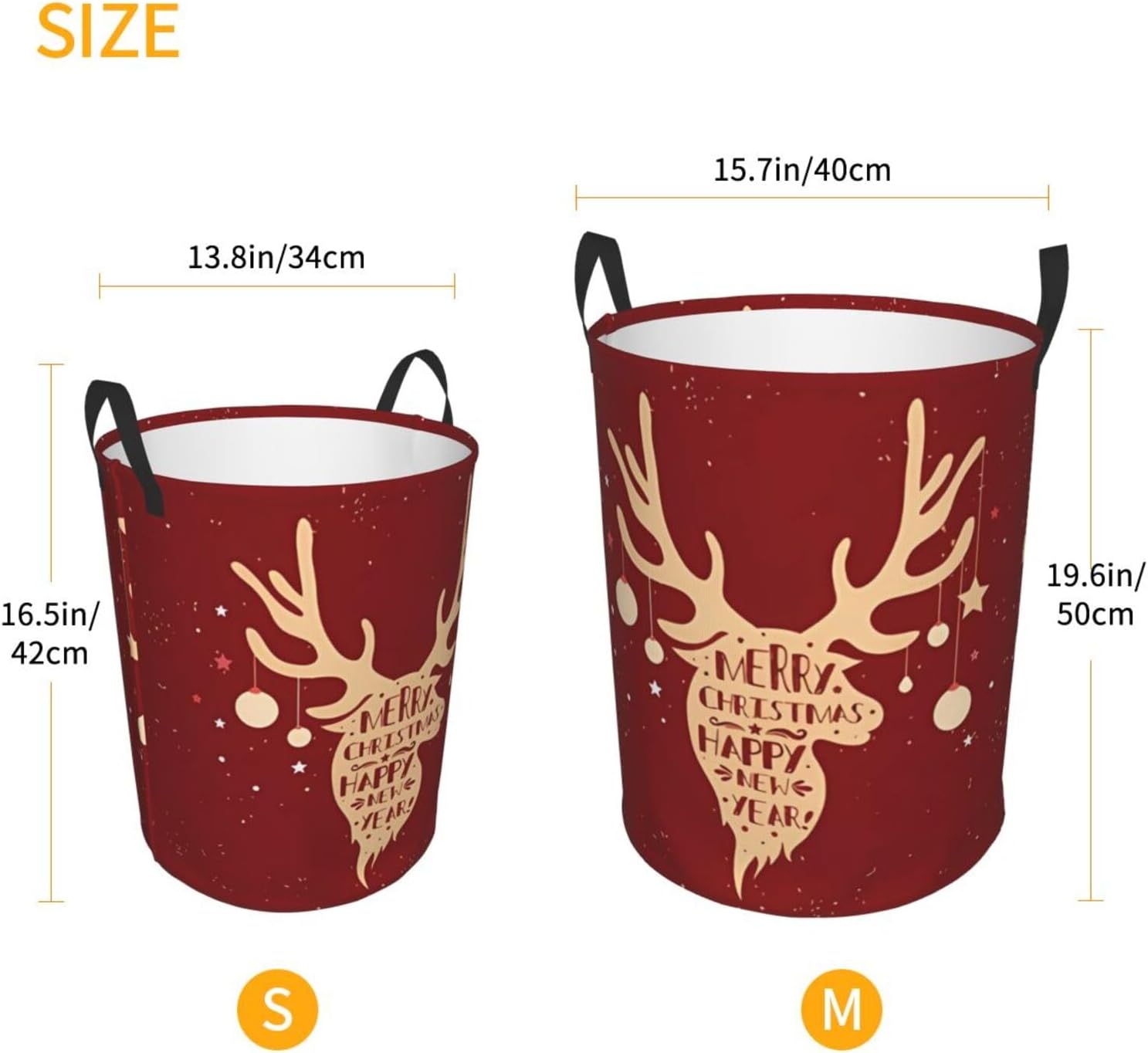 Merry Christmas Deer Happy New Year Laundry Hamper with Durable Handle Waterproof Foldable Laundry Basket Circular Dirty Clothes Organizer Storage Basket for Household Bedroom Bathroom Living Room