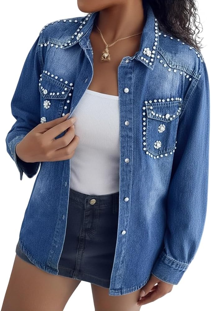 CHICME Womens Pearl Rhinestone Embellished Denim Shirt Long Sleeve Button Down Turn Down Collar Casual Jean