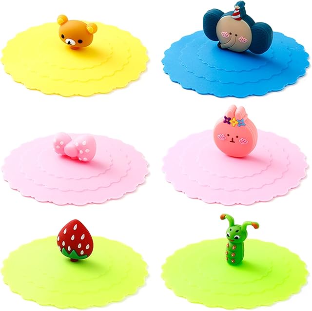 Cdemiy Silicone Cup Cover, 6 PCS Cup Covers for Drinks, Reusable Anti-Dust Drink Covers, Creative Round Cartoon Glass Cup Covers for Tea Beer Wine Water Coffee