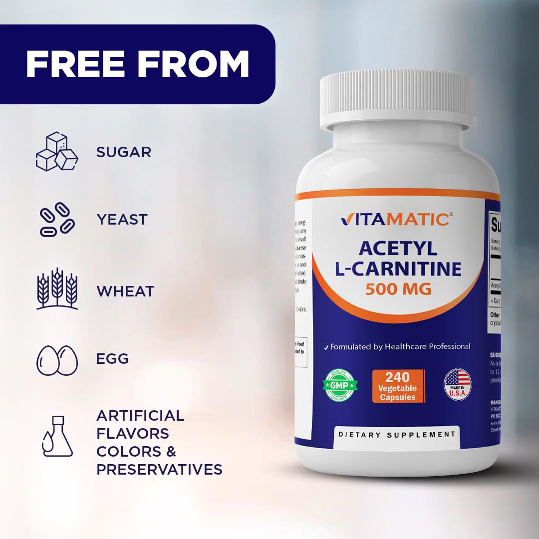 Vitamatic Acetyl L-Carnitine 500mg, 240 Vegetarian Capsules – Amino Acid Supplement, Non-GMO, Gluten Free, Made in USA — Amazon image 6