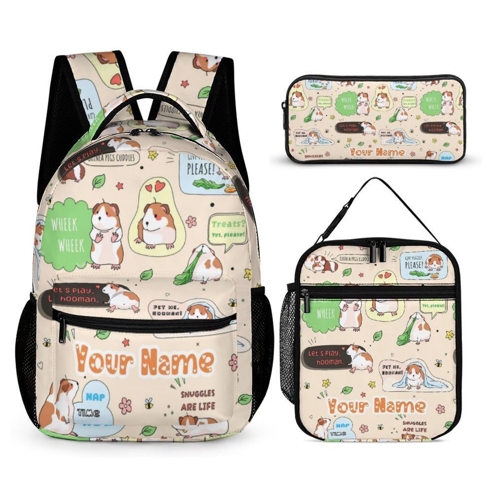 Custom Guinea Pig Backpack with Lunch Box & Pencil Case for Kids Girls Boys School, 16 Inch Cute Guinea Pigs Bookbag, School Backpack for Students