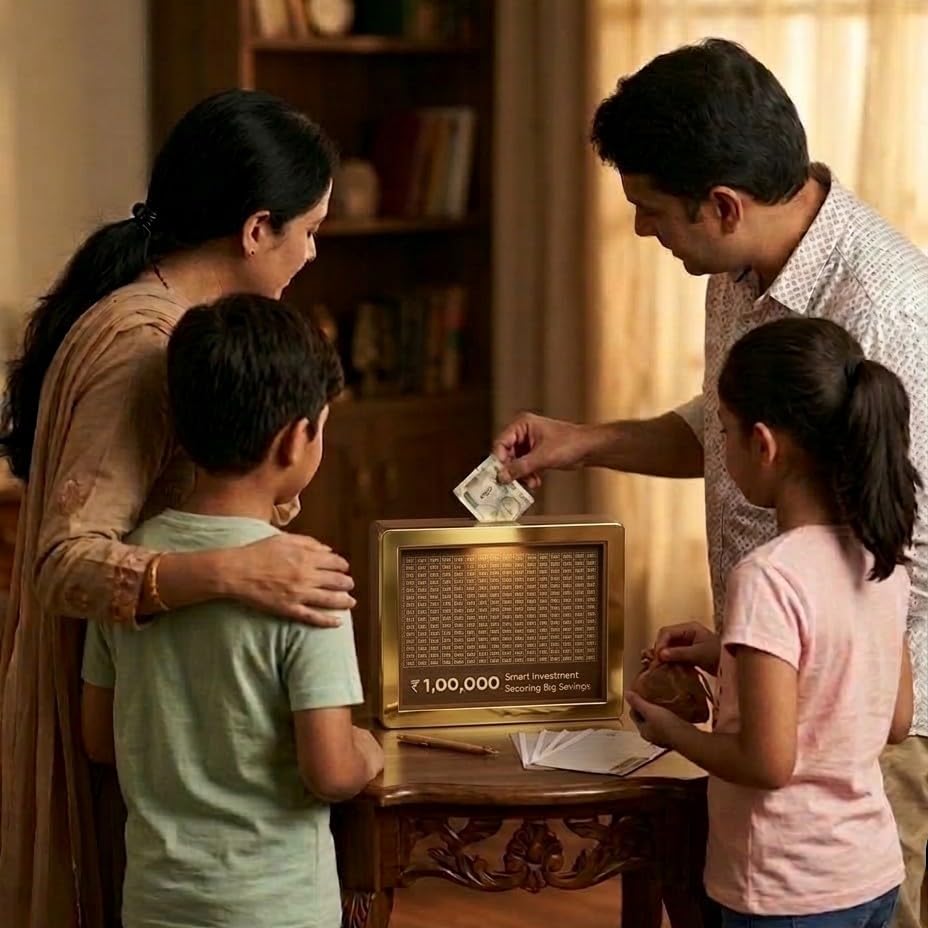 Image of 1 Lakh Savings Challenge Box, Wooden Money Saving Tracker with Goal Chart, Gullak, Brown Square Piggy Bank for Kids and Adults