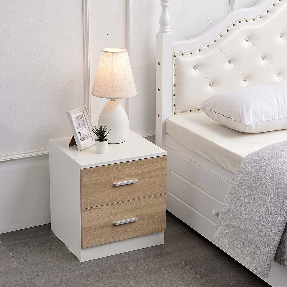 BAKAJI Mesita de Noche para Dormitorio, Armario con 2 cajones, asa de Metal, diseño Moderno, de Madera MDF, Mueble para el hogar, tamaño 44 x 40 x 38 cm, Color Blanco y Roble (2 cajones)