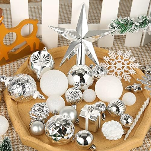 130pcs Christmas Tree Decorations Set, ROSELEAF Silver and White Christmas Tree Baubles Decorations Ornaments Shatterproof Plastic Decoration for Christmas, Wedding, Party