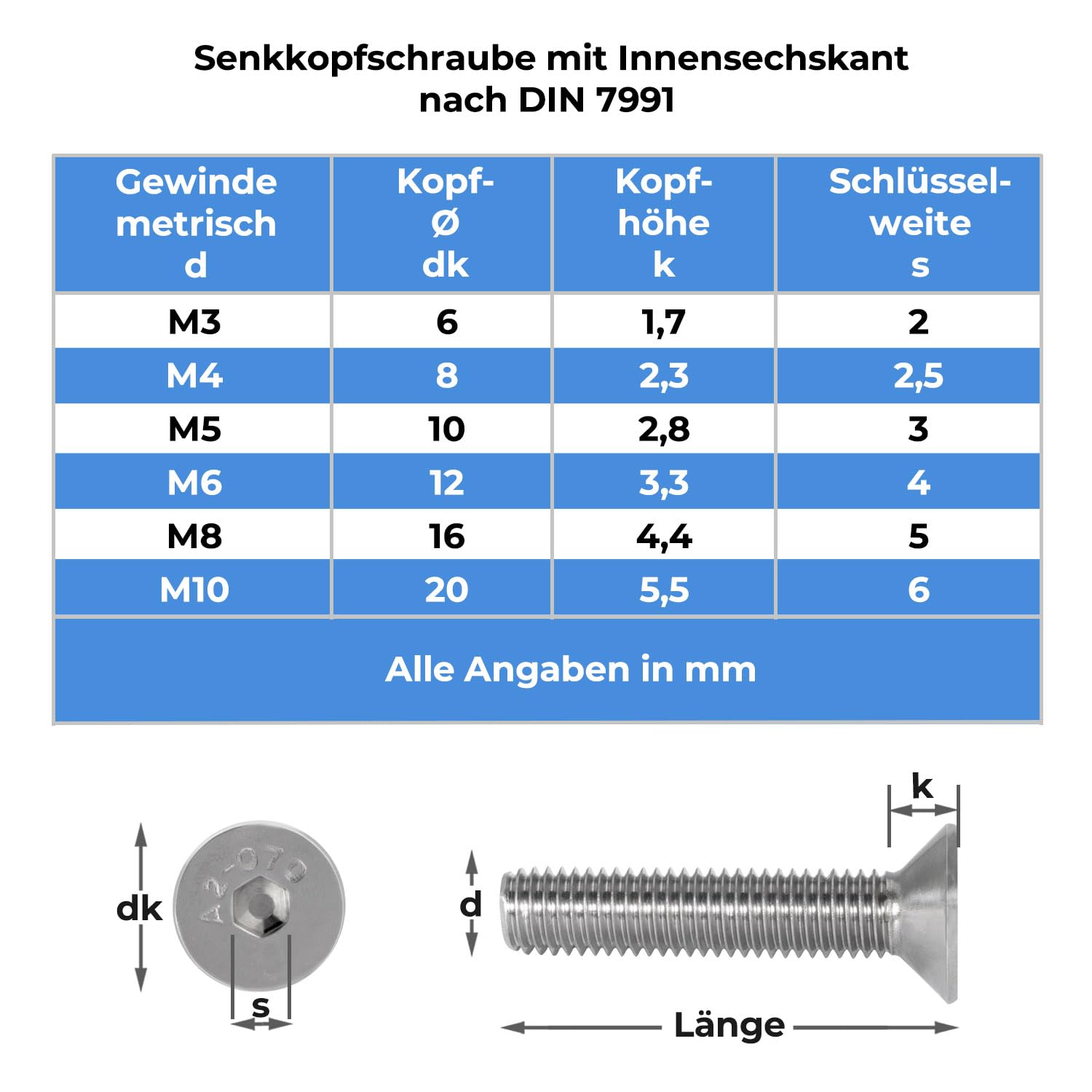 Stahlia Senkkopfschrauben M6 x 40 mm Edelstahl (50 Stück) Innensechskant Vollgewinde DIN 7991 Edelstahlschrauben Schrauben Set Senkschraube