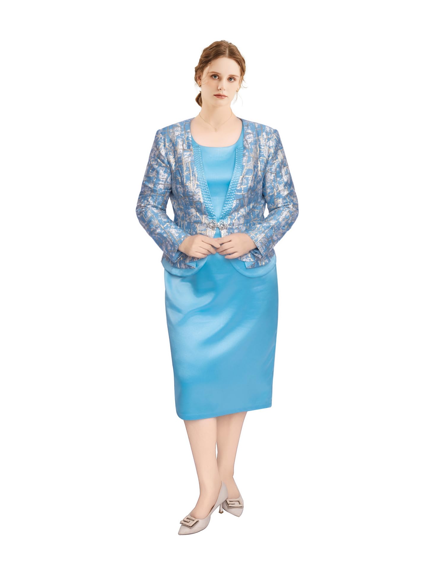 Geenlinm FASHlON Womens Formal Church Dress Suit with Embossed Embroidery Jacket Set Brocade Jacket Dress Outfits Plus Size