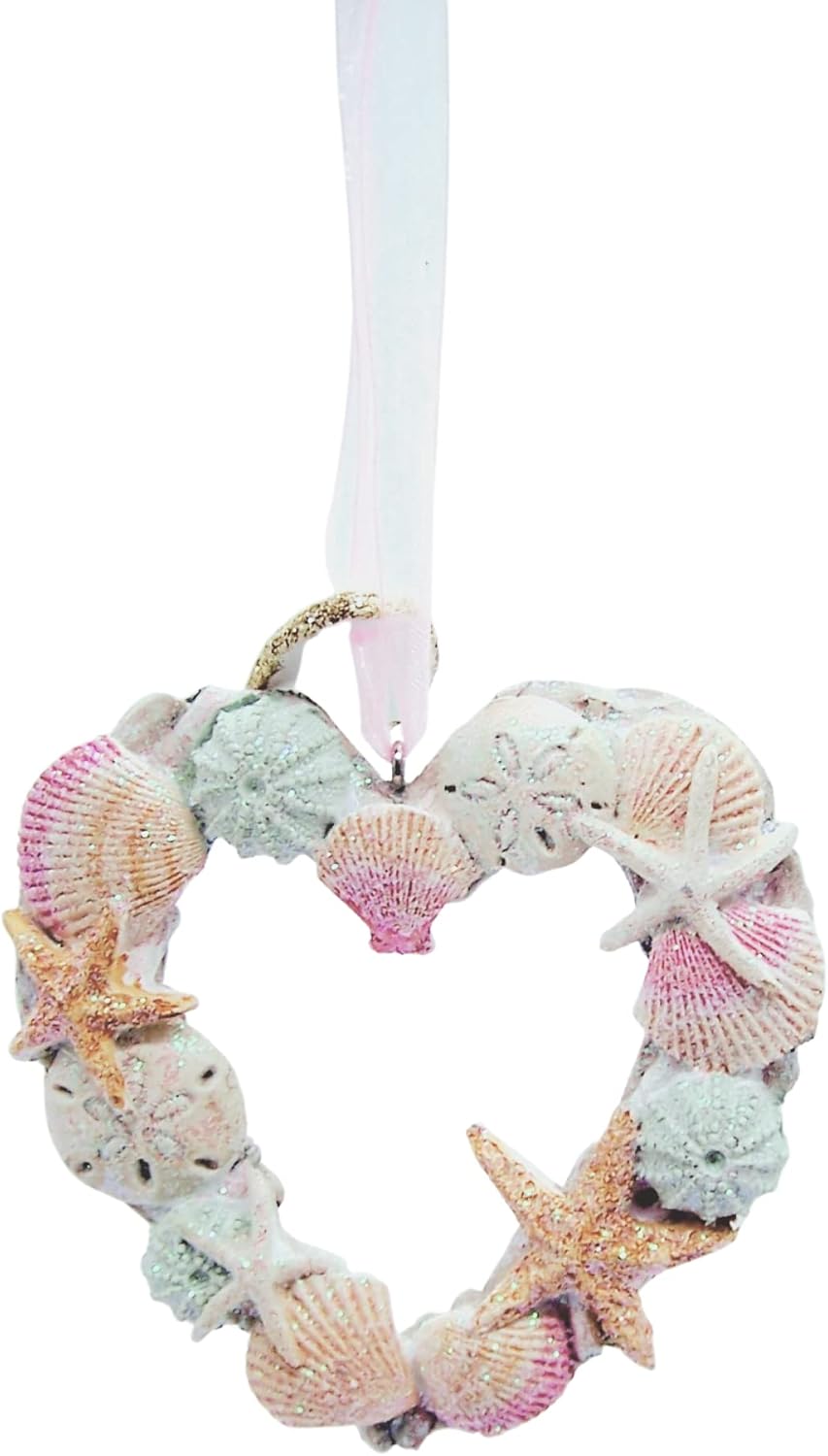 Heart Shaped Seashell and Driftwood Christmas Ornament, Nautical Theme, Holiday Decor, 3.25 Inches Tall
