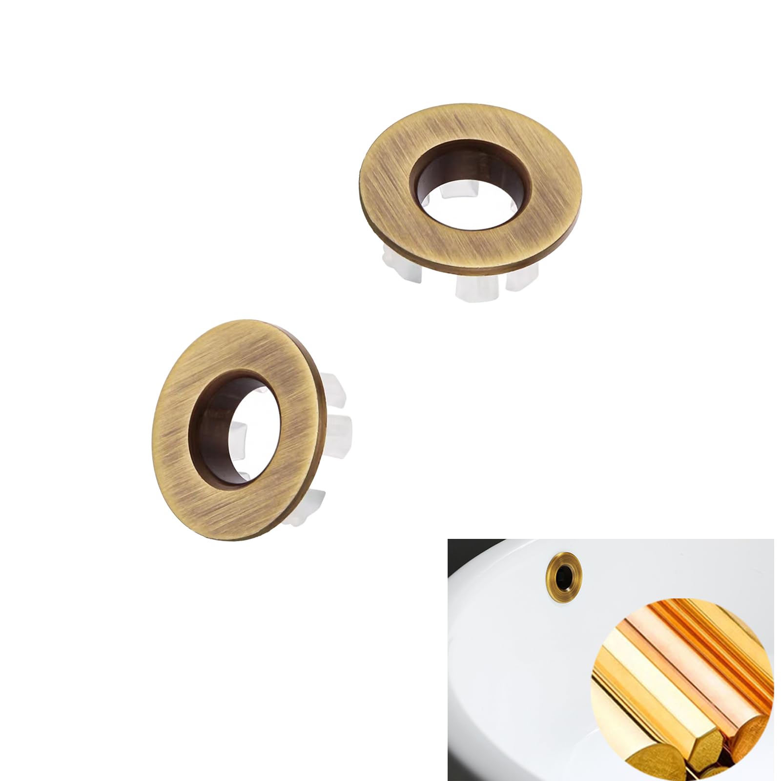 2 Pcs Sink Overflow Ring Brushed Nickel Bathroom Vanity Sink Overflow Cover Insert in Round Trim Cap Brass Material Kitchen Bathroom Sink Accessories(Bronze)