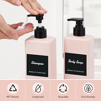 Segus Hand Soap Dispenser, 3 Pieces 500ml Soap Dispenser Kitchen, Empty Shampoo Bottles, Shower Dispensers with Labels, Plastic Dispenser Bottle with Pump, Bathroom Dispenser Set (Pink)