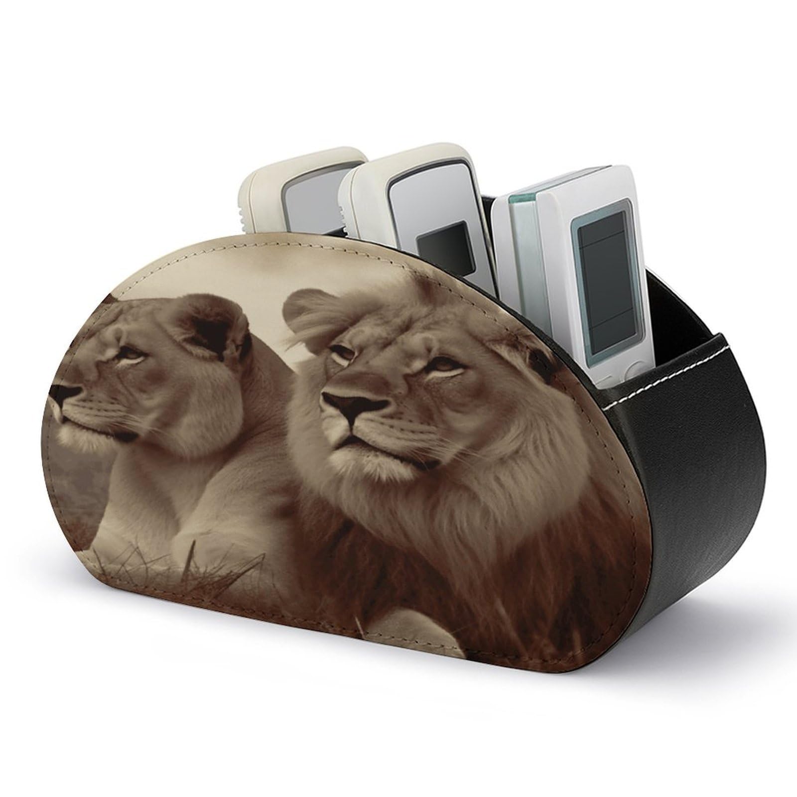 VstaDank African Lion And Lioness Remote Control Holder with 5 Compartments PU Leather Remote Caddy Desktop Organizer Store TV Remote Control Storage Box for Home Office Desk Nightstand