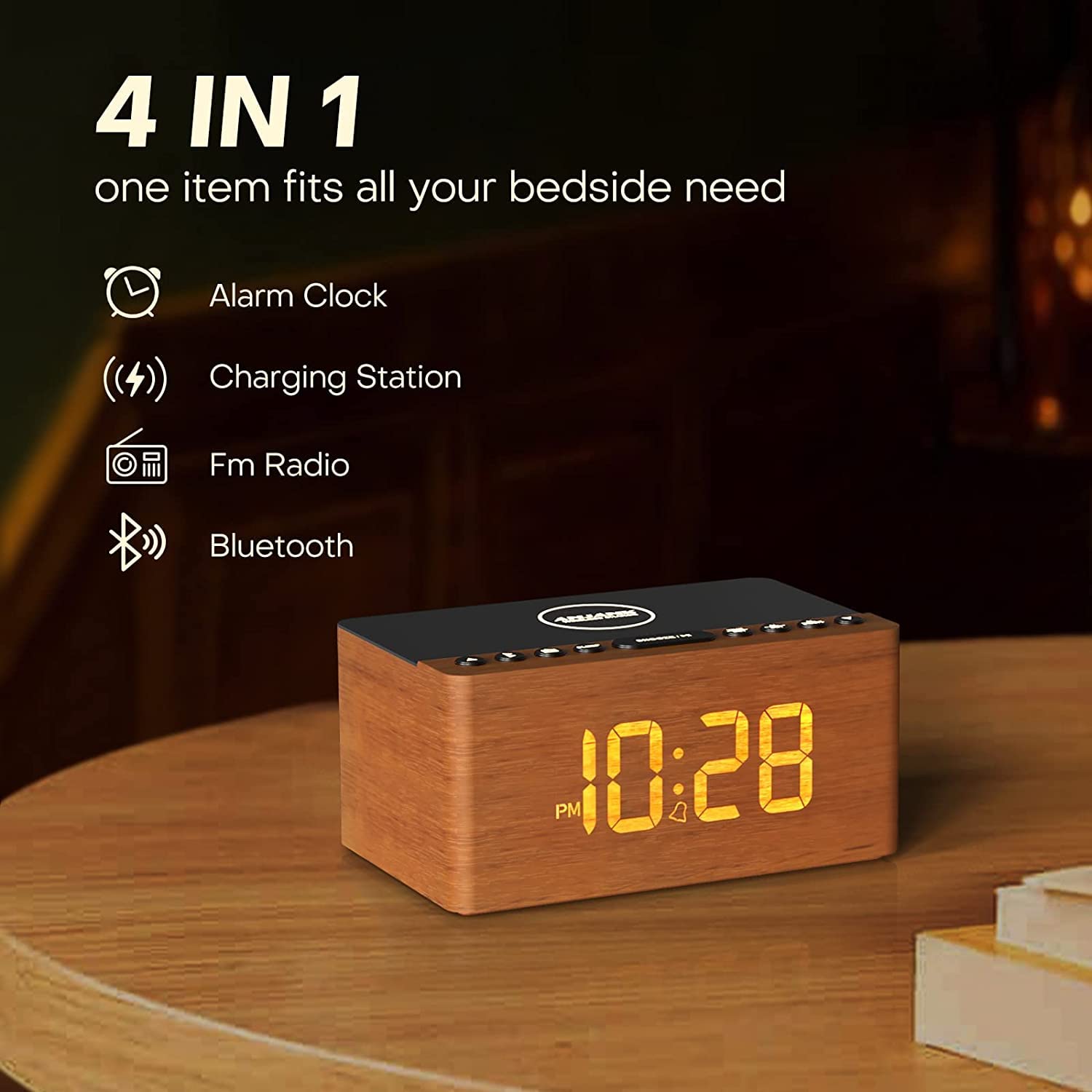 ANJANK Réveil haut-parleur Bluetooth en bois avec radio FM, station de charge sans fil pour iPhone/Samsung, port de charge USB, écran à intensité variable, minuterie de sommeil, horloge numérique en