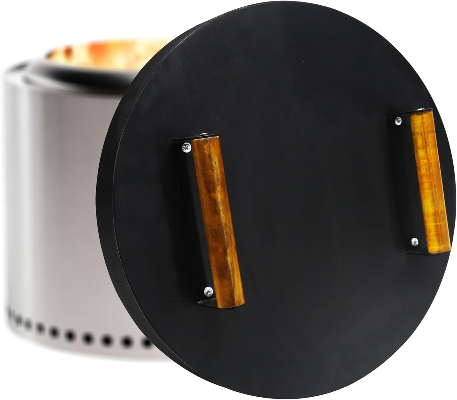 FEBTECH 15.5” Fire Pit Cover Lid Round - Fit for 15" Round Fire Pit Lid for Outdoor Fireplace Cover Lid - Steel fire Pit Metal Cover W/Dual Wooden Handles - Heat Resistant Snuffer Lid for Outdoor