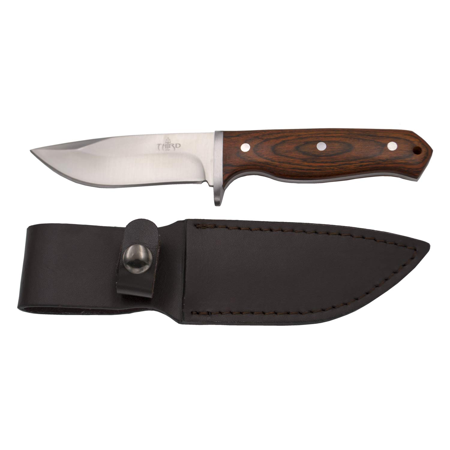 THIRD Cuchillo de Caza 16367PW, con Hoja de Acero 440 de 10.6 cm Acabado Satinado, Mango de Pakkawood. Incluye Funda de Piel