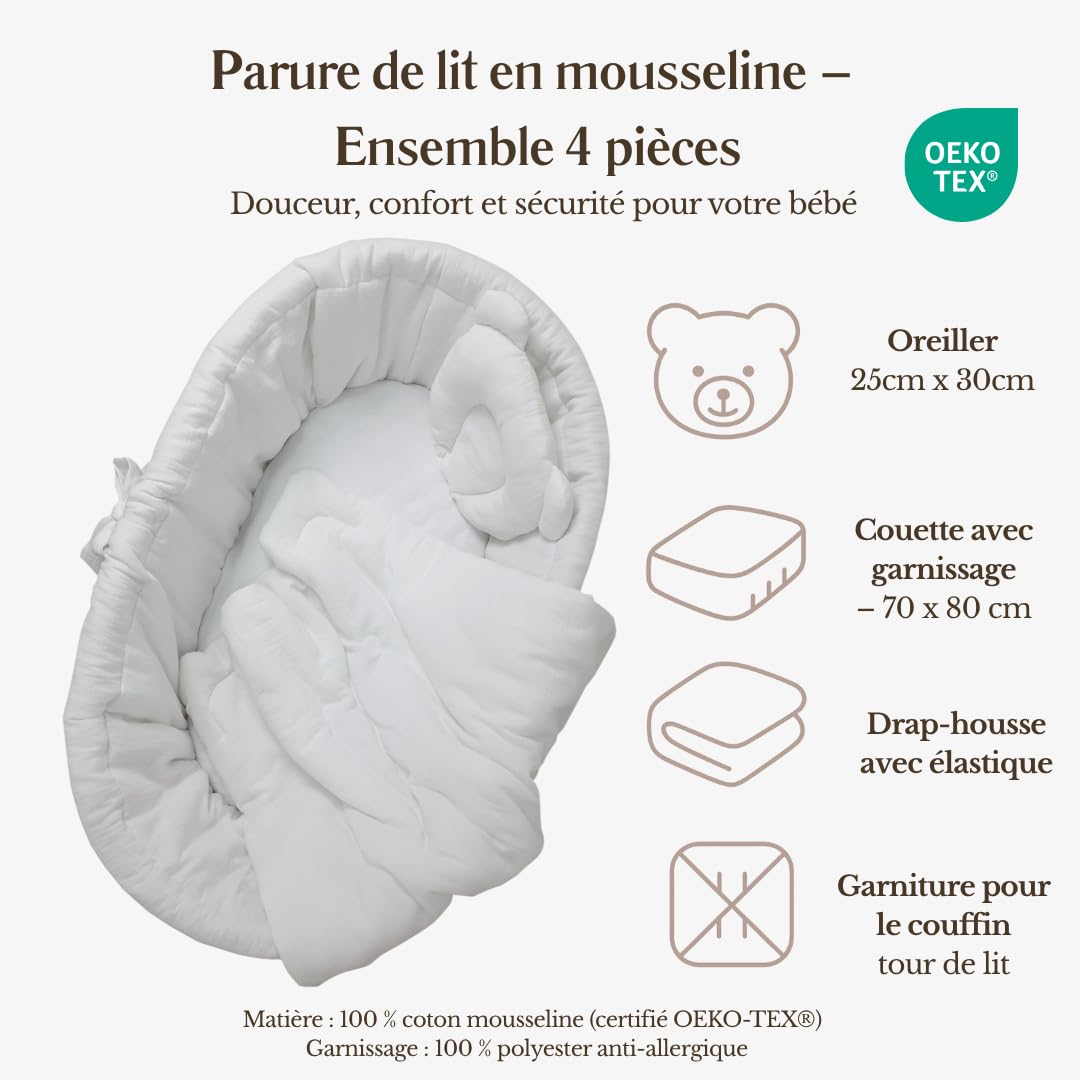 Wiklinopol Couffin Bébé Amelia en Osier avec Support et Matelas – Berceau à roulettes en Blanc – Ensemble 4 Pièces de Linge en Mousseline Blanc – Portable et Idéal pour Nouveau-Né