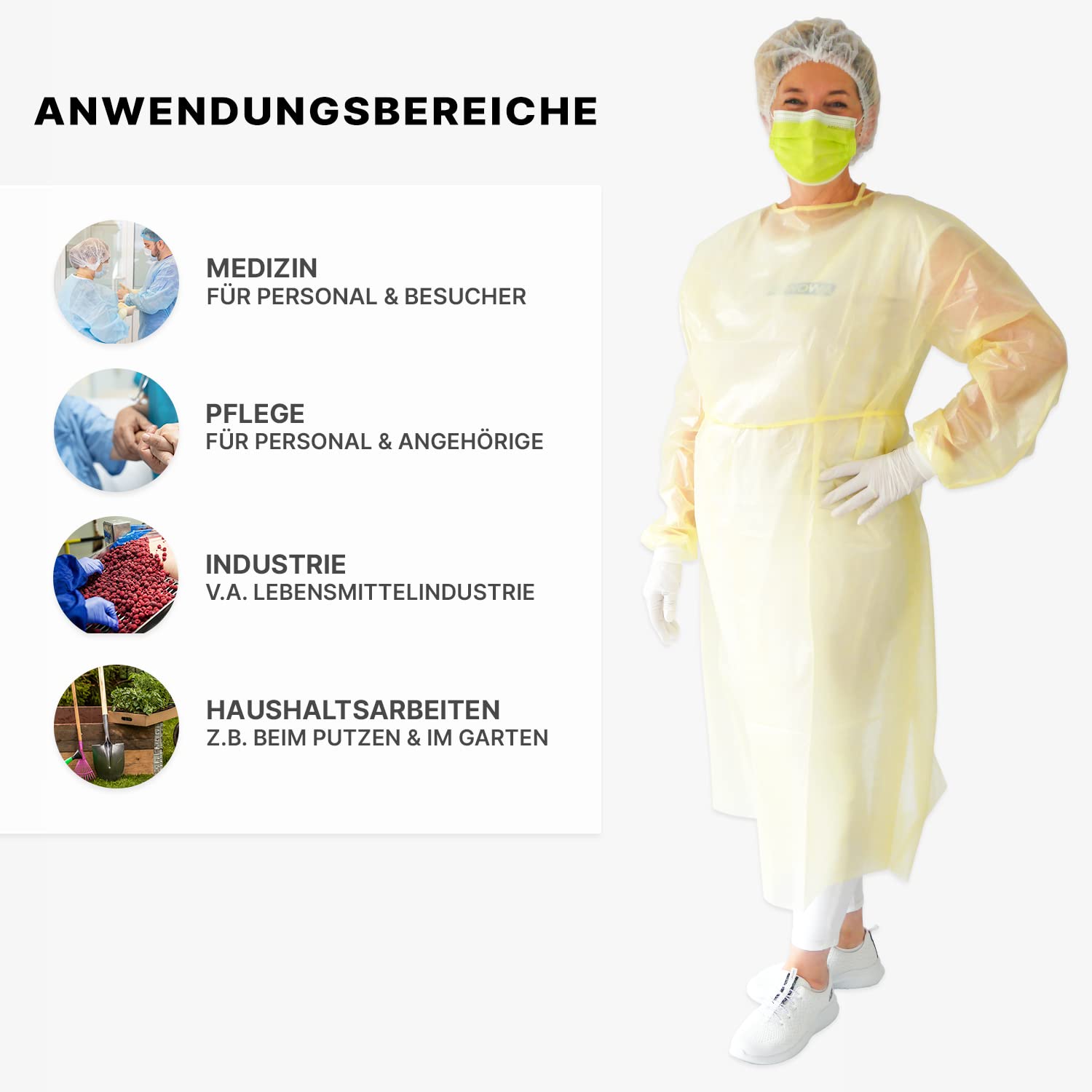 10 ARNOMED PP+PE-Schutzkittel Einweg, OP Kittel Virendicht, Gelbe Einweg Kittel in 130x140cm, PP Vlieskittel mit PE-Schicht, Einmalkittel 30 g/m², OP-Kittel, Schutzkittel wasserdicht, Einwegkittel