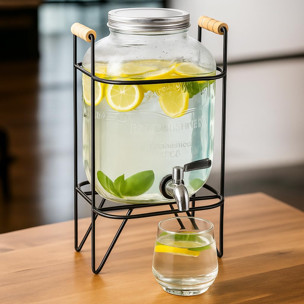 Distributeur de boissons avec robinet en inox - 4L - Support en métal noir finition bois - Style vintage - Pour toutes boissons froides