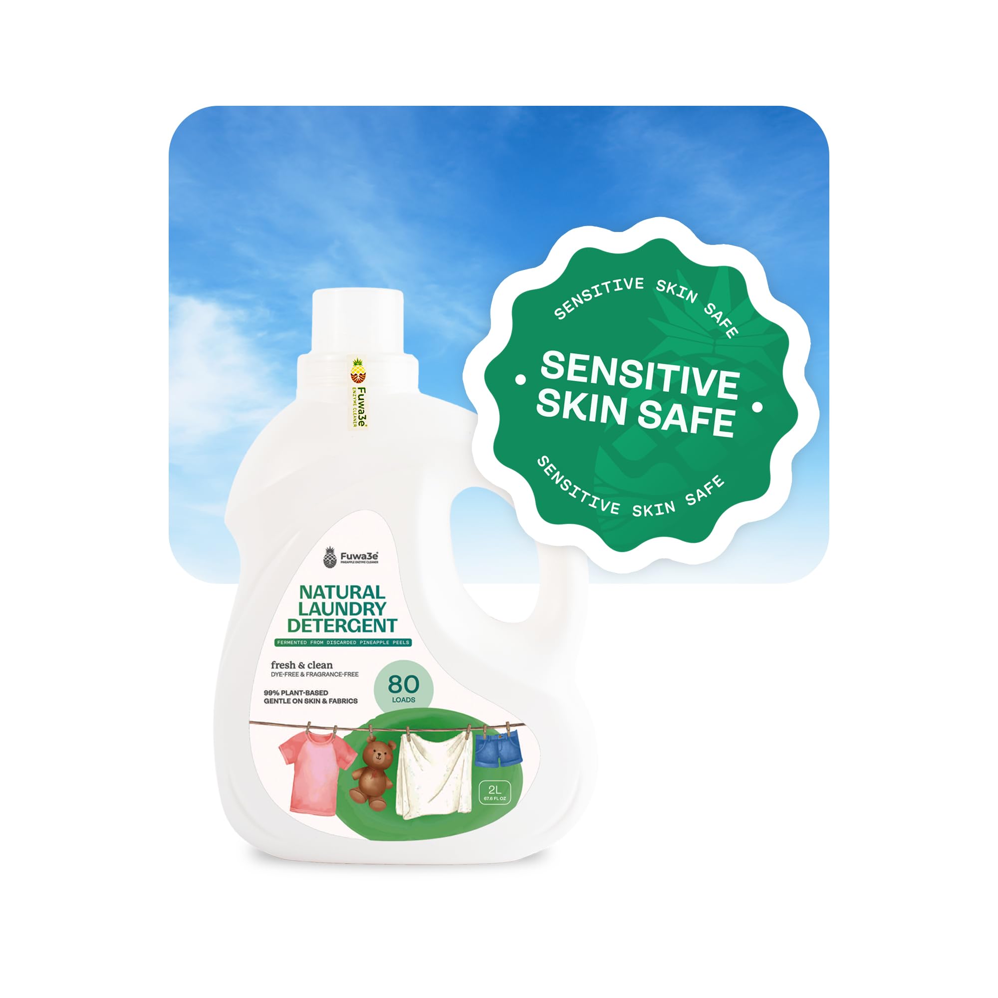 Fuwa3e All Free And Clear Laundry Detergent, Natural Pineapple Enzyme - 67.6oz 80 Loads - Non Toxic, Eco Friendly, Plant Based for Sensitive Skin, Baby Laundry Liquid, Handwash, HE Compatible