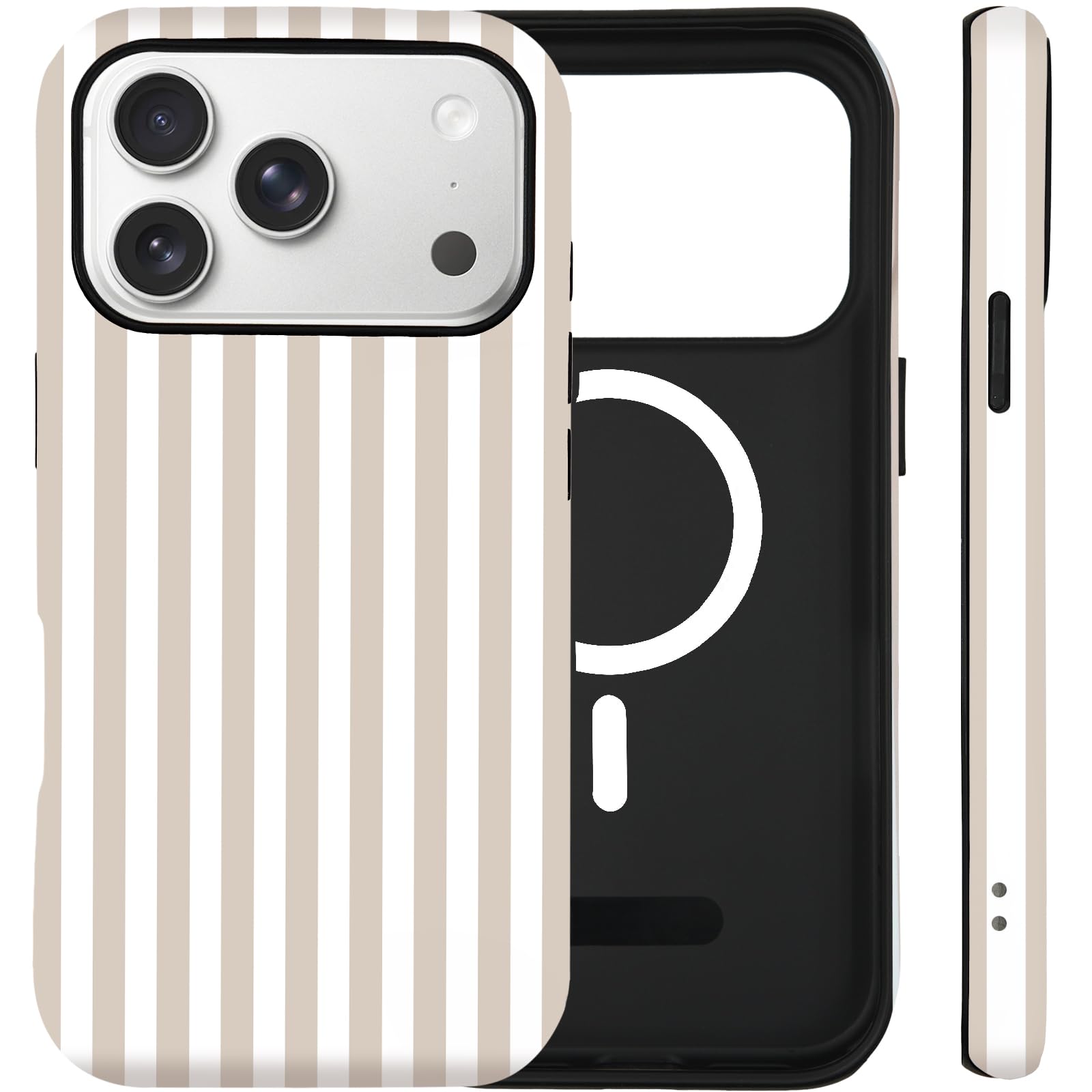 for iphone 17 pro max case cute striped phone case compatible with magsafe, dual-layer shock protection(hard pc + silicone) - aesthetic protective phone cover for women girl, apricot